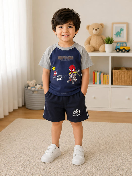 Boys Superhero Graphic Raglan T-Shirt & Shorts Set – Casual Everyday Style