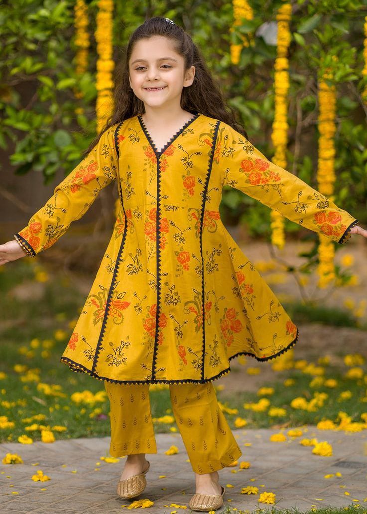 Girls Mustard Floral Print Frock & Pants Set – Festive Ethnic Wear