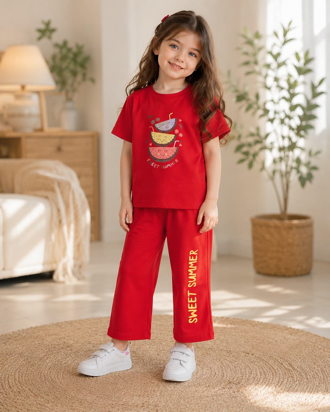 Girls "Sweet Summer" Fruit Graphic T-Shirt & Wide-Leg Pants Set – Cute 2-Piece Outfit