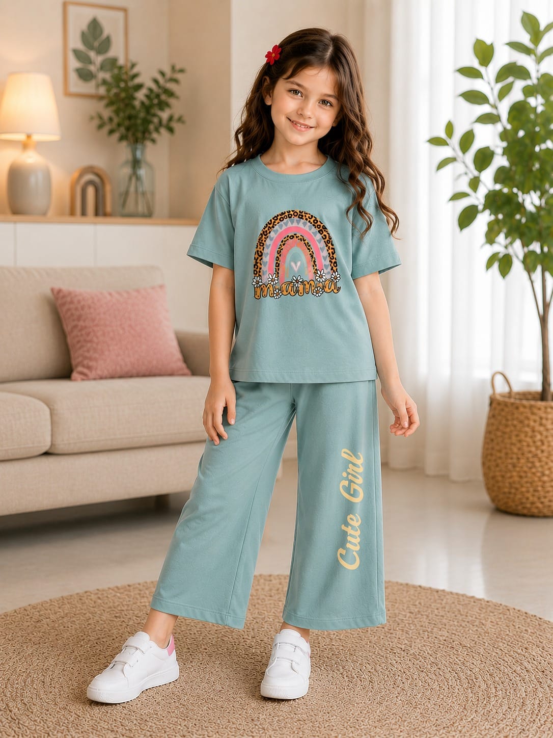 Girls "Sweet Summer" Fruit Graphic T-Shirt & Wide-Leg Pants Set – Cute 2-Piece Outfit