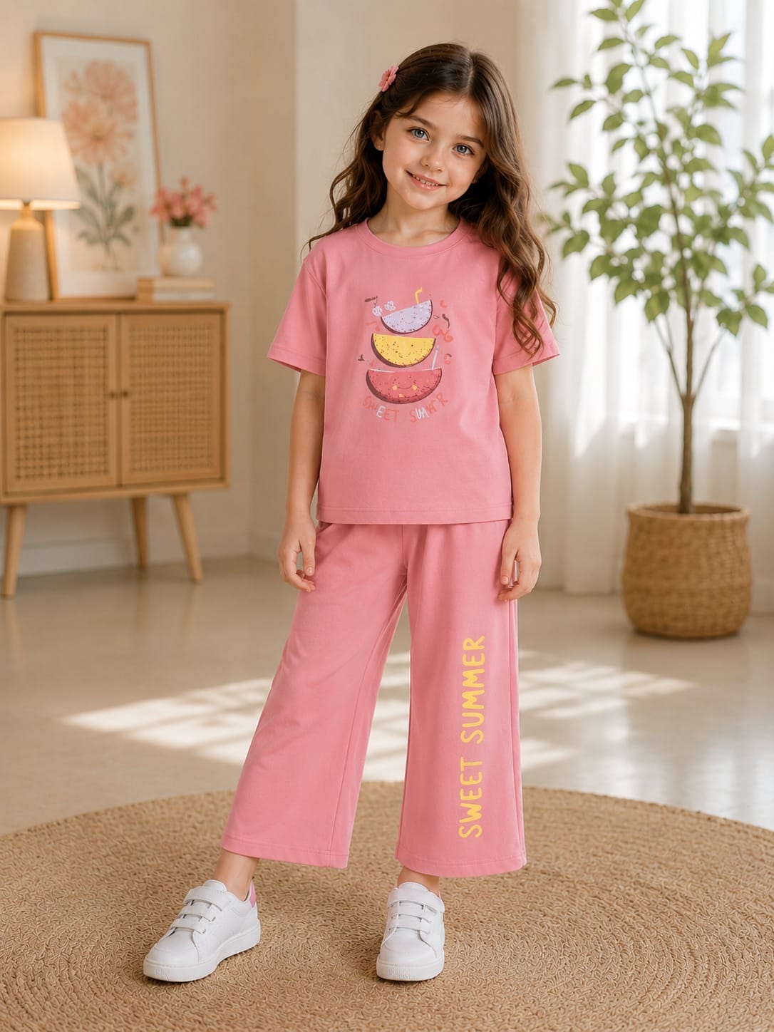 Girls "Sweet Summer" Fruit Graphic T-Shirt & Wide-Leg Pants Set – Cute 2-Piece Outfit