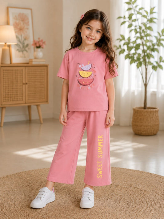 Girls "Sweet Summer" Fruit Graphic T-Shirt & Wide-Leg Pants Set – Cute 2-Piece Outfit