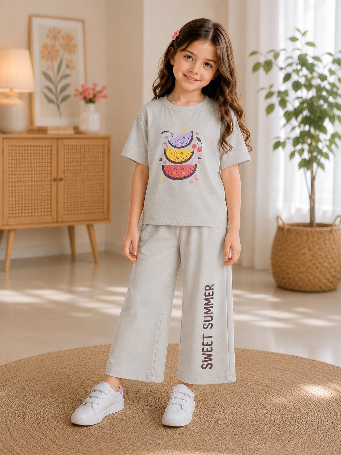Girls "Sweet Summer" Fruit Graphic T-Shirt & Wide-Leg Pants Set – Cute 2-Piece Outfit