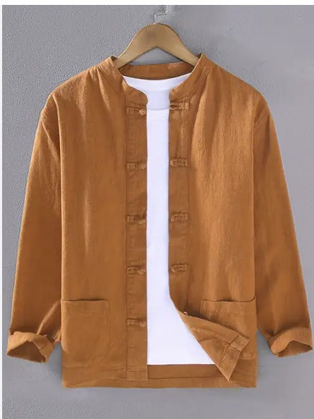 Men's Mandarin Collar Frog Button Jacket – Vintage Casual Style (Available in Black & Mustard)