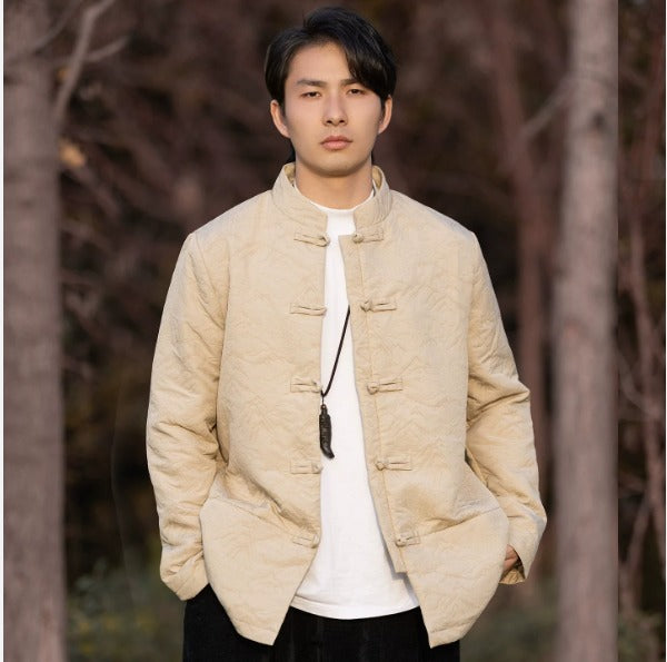 Men's Mandarin Collar Frog Button Jacket – Vintage Casual Style (Available in Black & Mustard)