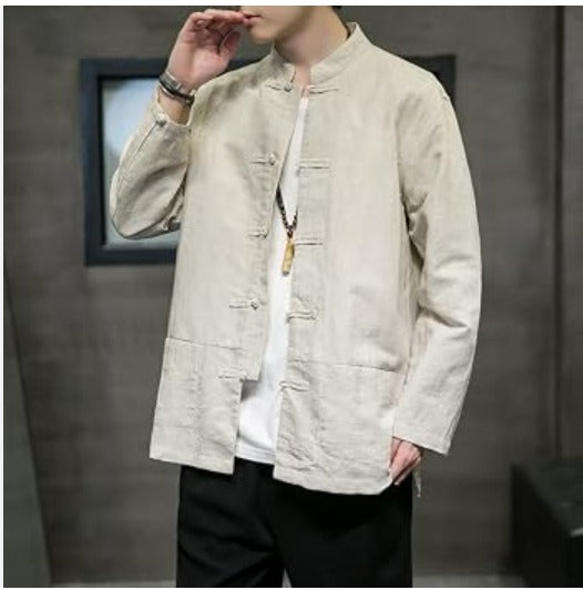 Men's Mandarin Collar Frog Button Jacket – Vintage Casual Style (Available in Black & Mustard)