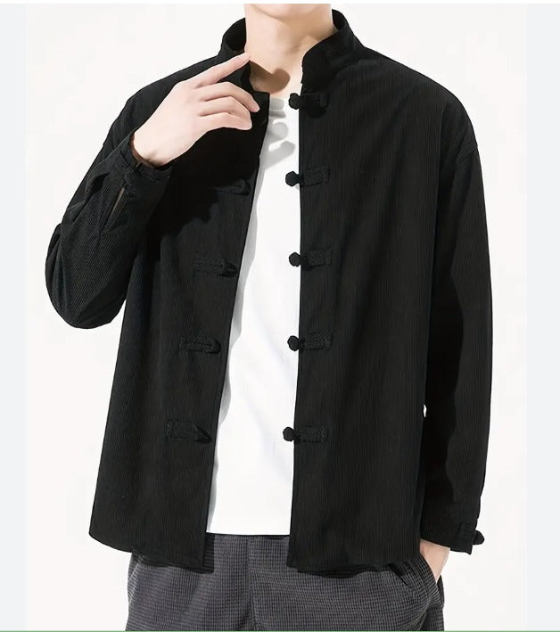 Men's Mandarin Collar Frog Button Jacket – Vintage Casual Style (Available in Black & Mustard)