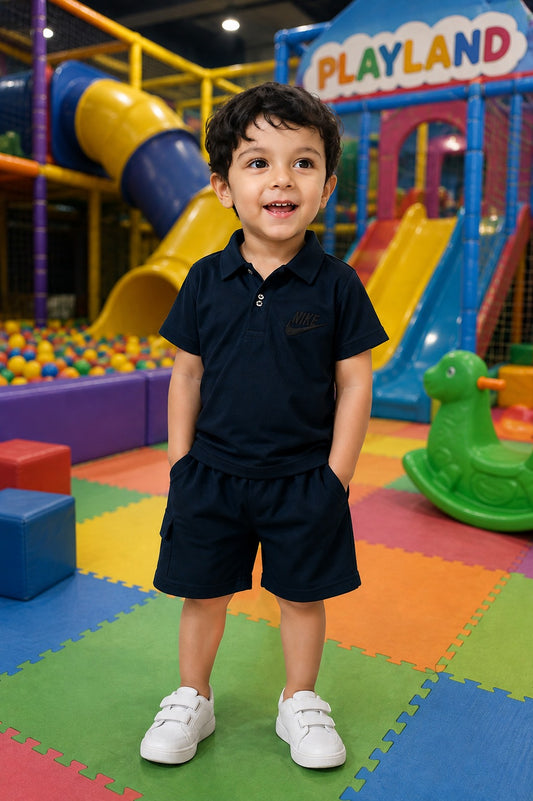 Boys Polo T-Shirt & Cargo Shorts Set – Navy Casual Style