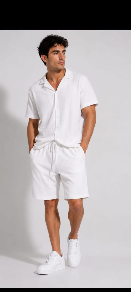 Men's Textured Camp Collar Shirt & Shorts Set – Grey Resort Style