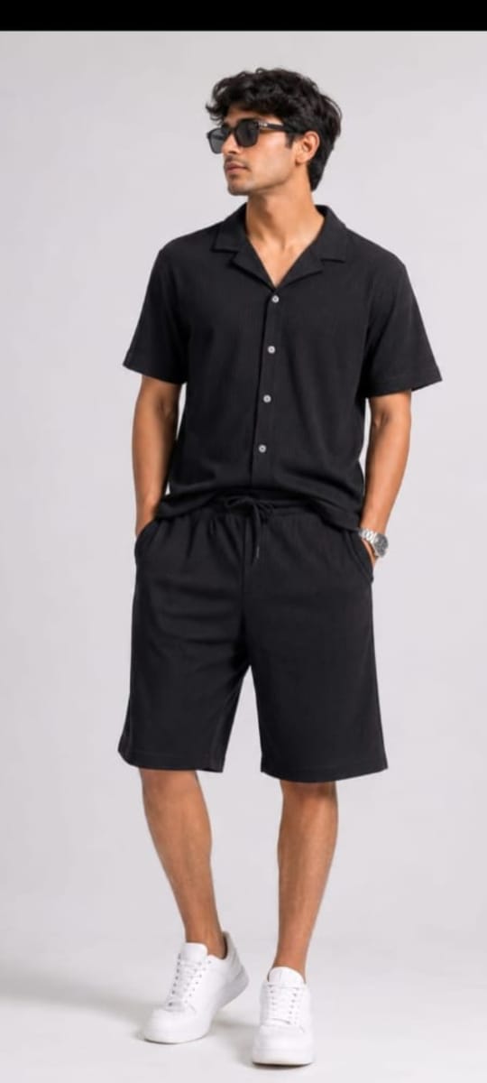 Men's Textured Camp Collar Shirt & Shorts Set – Grey Resort Style