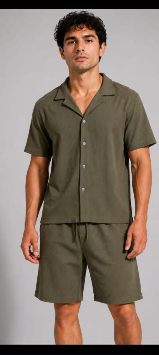 Men's Textured Camp Collar Shirt & Shorts Set – Grey Resort Style