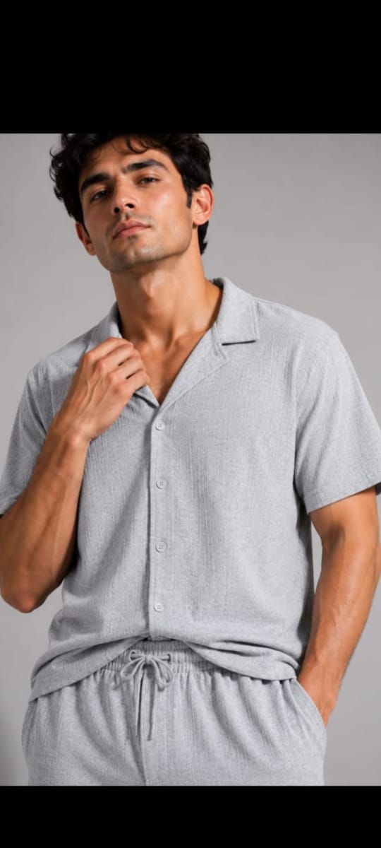 Men's Textured Camp Collar Shirt & Shorts Set – Grey Resort Style
