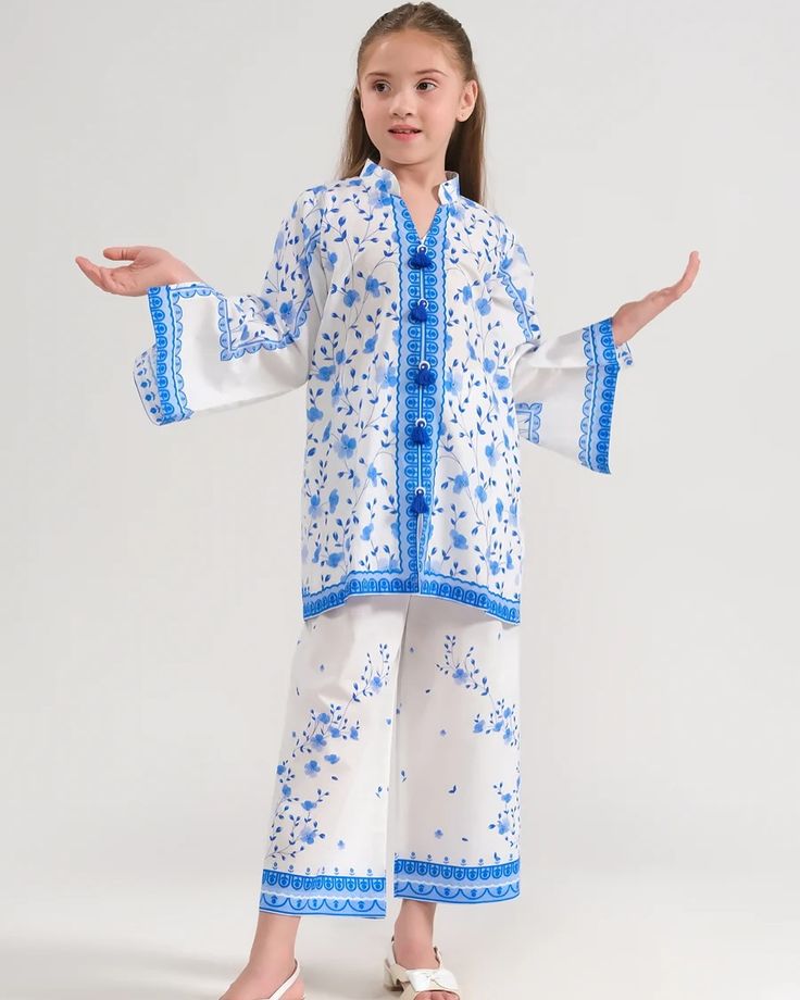 Girls Mustard Floral Print Frock & Pants Set – Festive Ethnic Wear